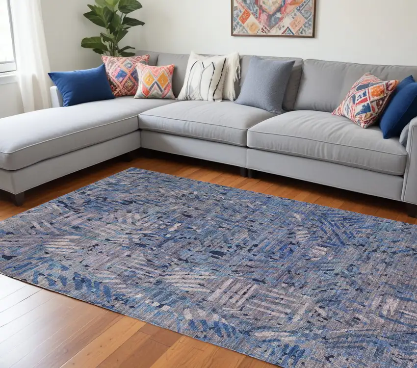 Blue Tan and Gray Abstract Power Loom Washable Area Rug Photo 1