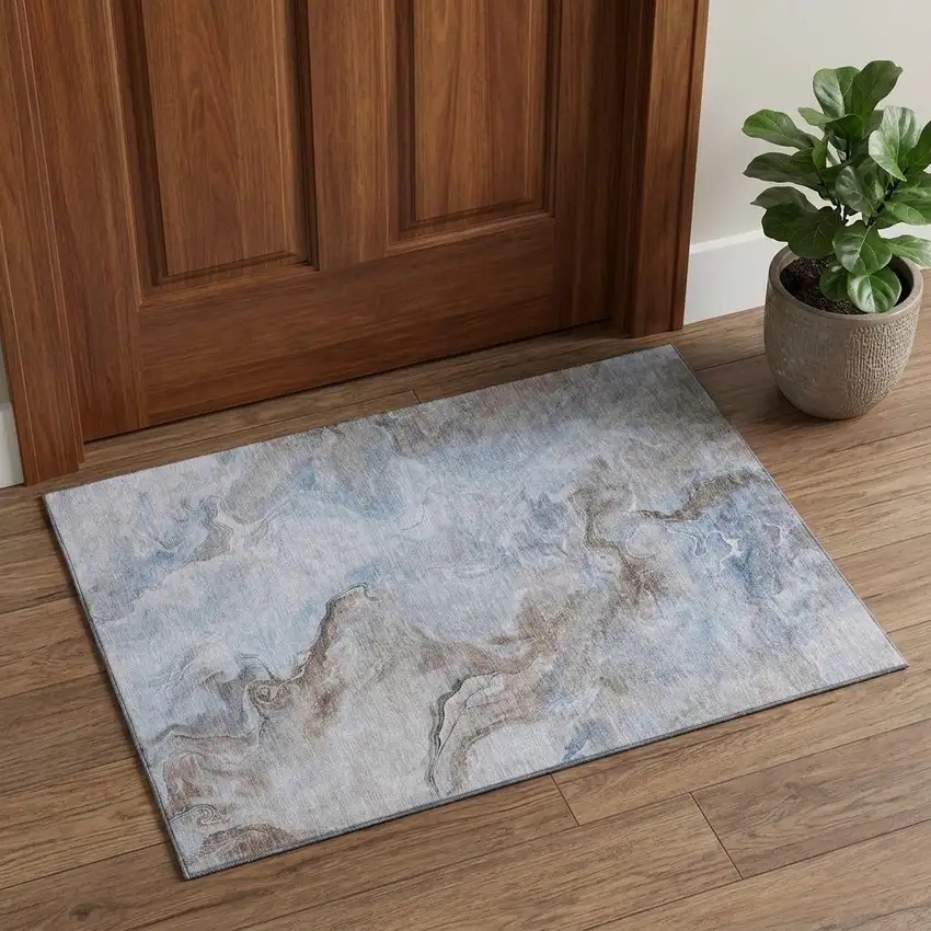 Blue Taupe And Beige Abstract Washable Area Rug With UV Protection Photo 1