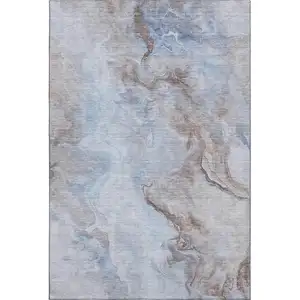Photo of Blue Taupe And Beige Abstract Washable Area Rug With UV Protection