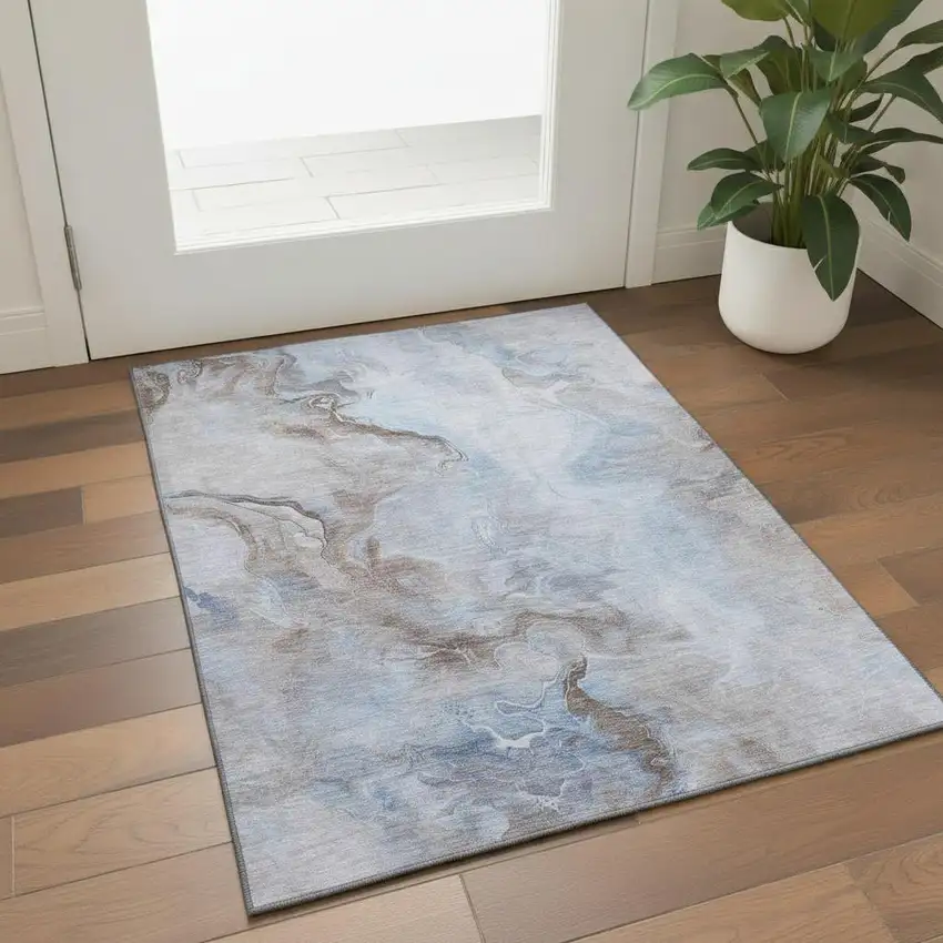 Blue Taupe And Beige Abstract Washable Area Rug With UV Protection Photo 2