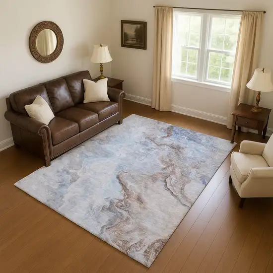 Blue Taupe And Beige Abstract Washable Area Rug With UV Protection Photo 4