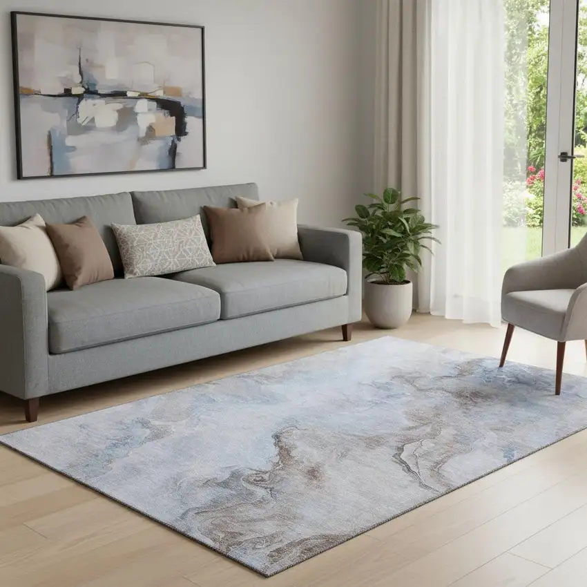 Blue Taupe And Beige Abstract Washable Area Rug With UV Protection Photo 2