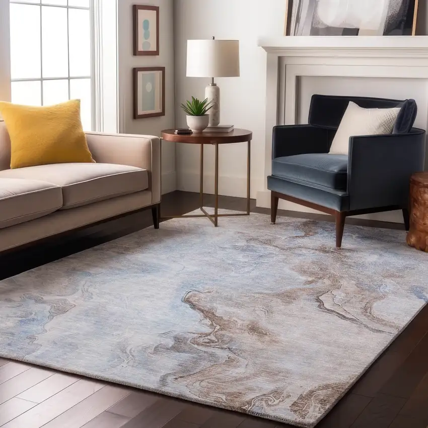 Blue Taupe And Beige Abstract Washable Area Rug With UV Protection Photo 5