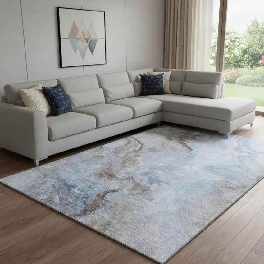 Blue Taupe And Beige Abstract Washable Area Rug With UV Protection Photo 2