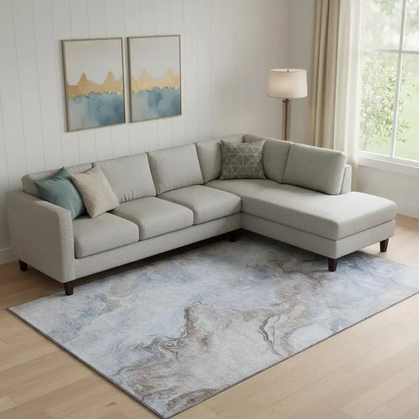 Blue Taupe And Beige Abstract Washable Area Rug With UV Protection Photo 2