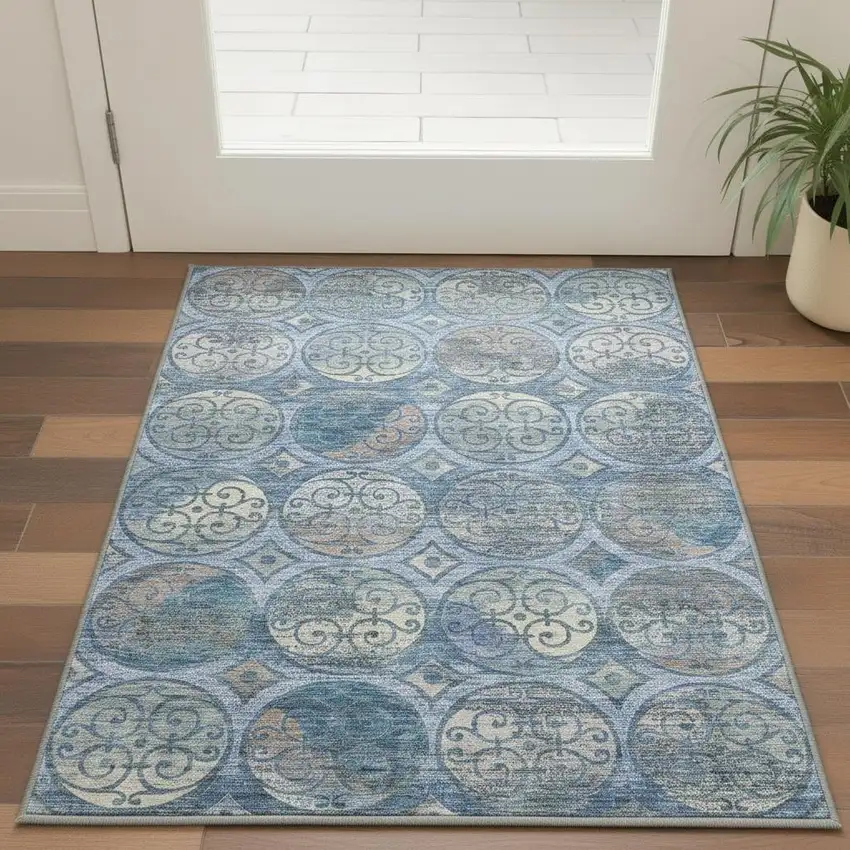 Blue Taupe And Gray Medallion Washable Area Rug With UV Protection Photo 2