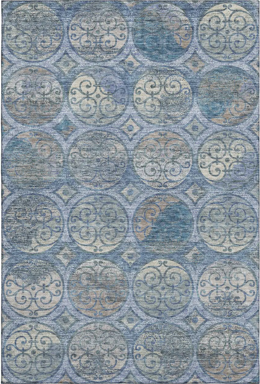Blue Taupe And Gray Medallion Washable Area Rug With UV Protection Photo 1