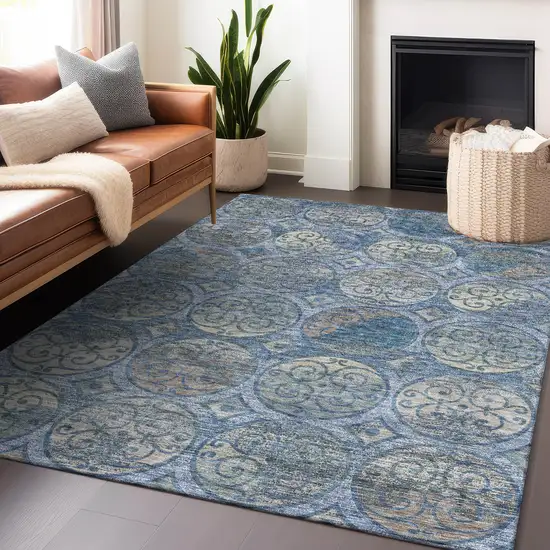 Blue Taupe And Gray Medallion Washable Area Rug With UV Protection Photo 6