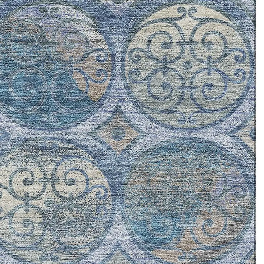 Blue Taupe And Gray Medallion Washable Area Rug With UV Protection Photo 4