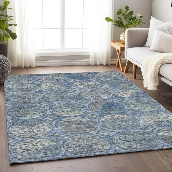 Blue Taupe And Gray Medallion Washable Area Rug With UV Protection Photo 5