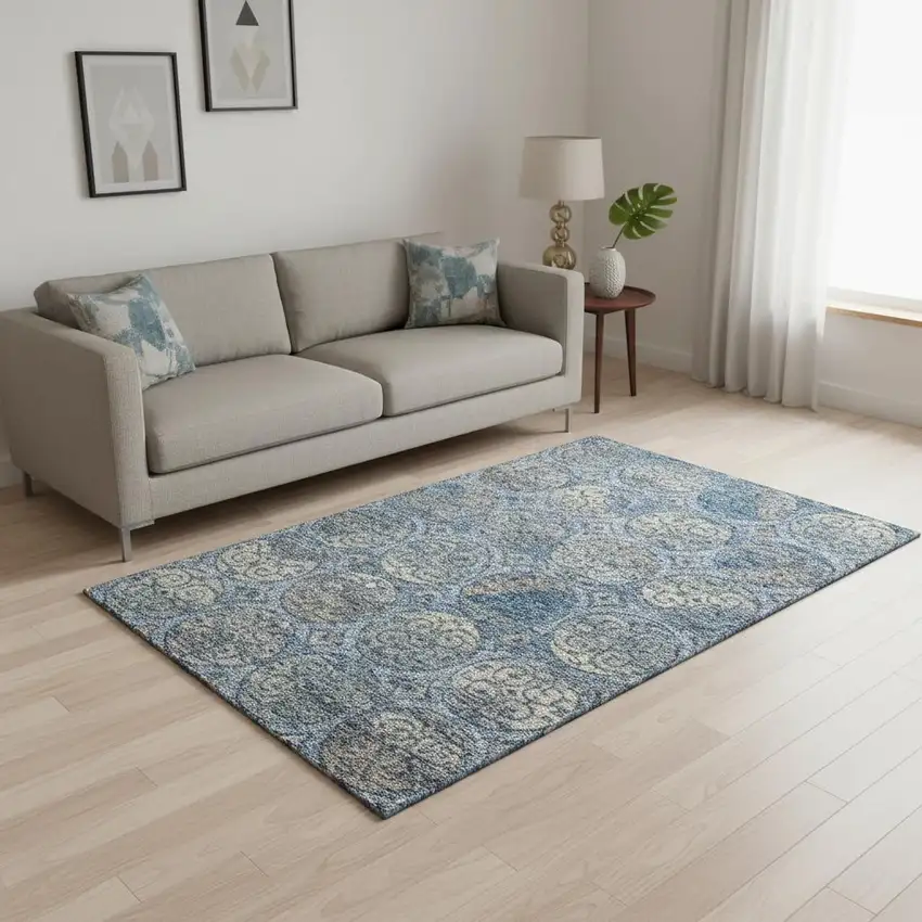 Blue Taupe And Gray Medallion Washable Area Rug With UV Protection Photo 2