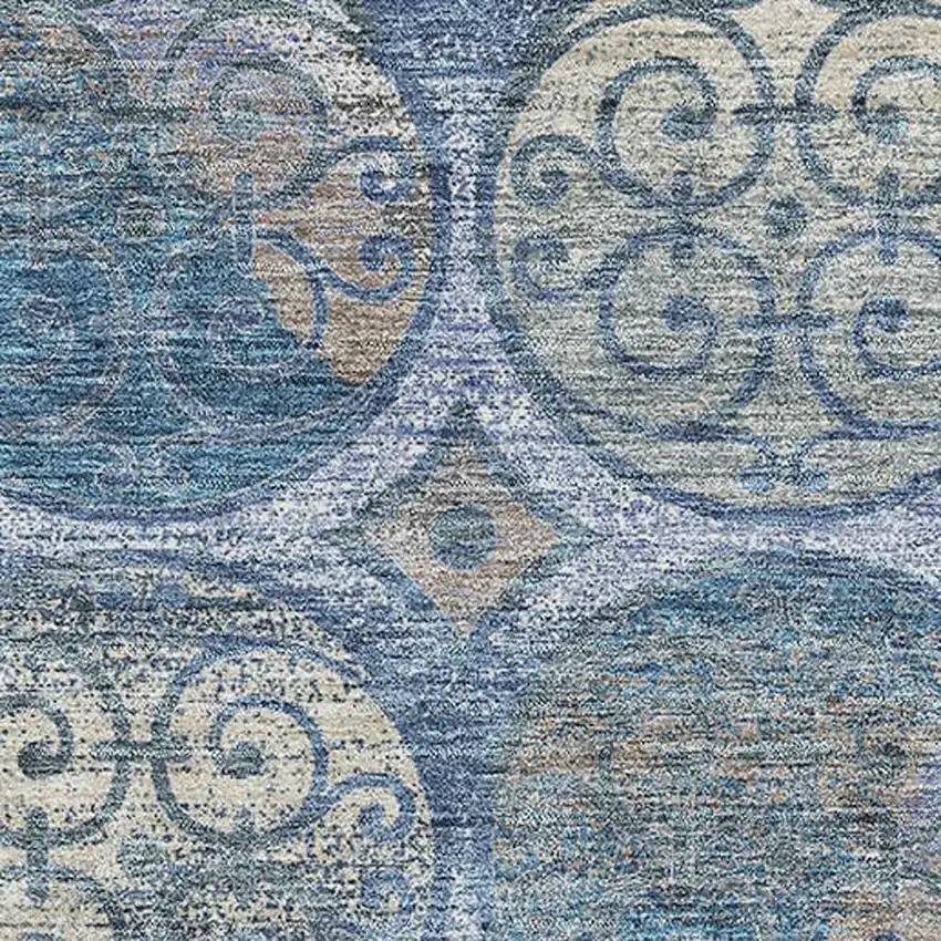 Blue Taupe And Gray Medallion Washable Area Rug With UV Protection Photo 3