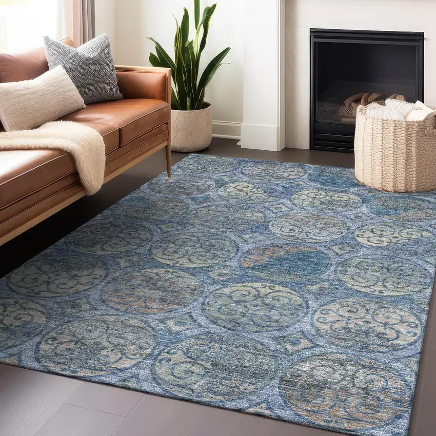 Blue Taupe And Gray Medallion Washable Area Rug With UV Protection Photo 6