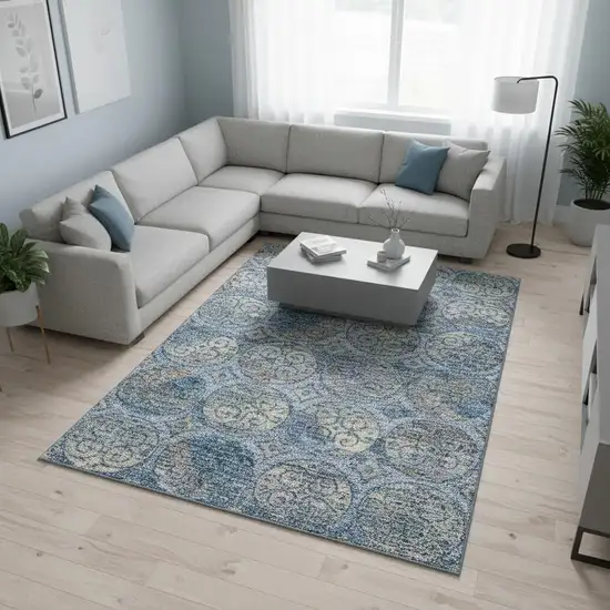 Blue Taupe And Gray Medallion Washable Area Rug With UV Protection Photo 2