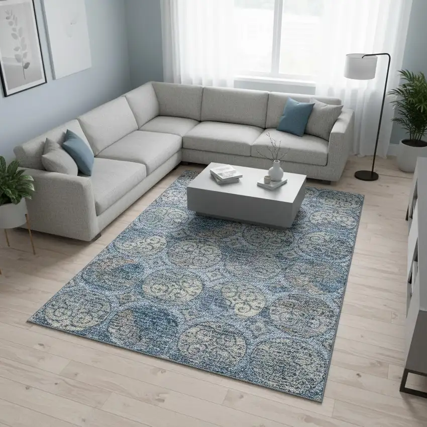 Blue Taupe And Gray Medallion Washable Area Rug With UV Protection Photo 2