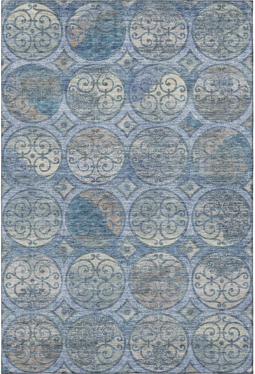 Blue Taupe And Gray Medallion Washable Area Rug With UV Protection Photo 4