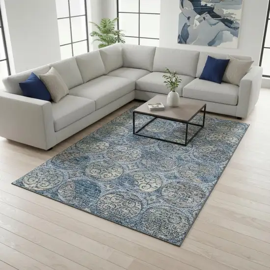 Blue Taupe And Gray Medallion Washable Area Rug With UV Protection Photo 2