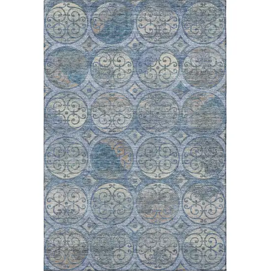 Blue Taupe And Gray Medallion Washable Area Rug With UV Protection Photo 4