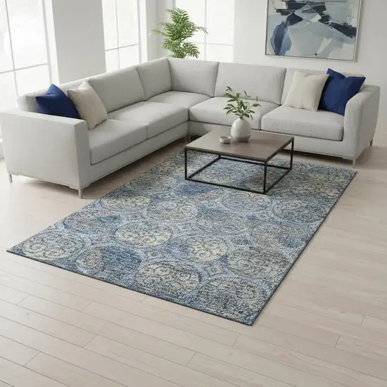 Blue Taupe And Gray Medallion Washable Area Rug With UV Protection Photo 2