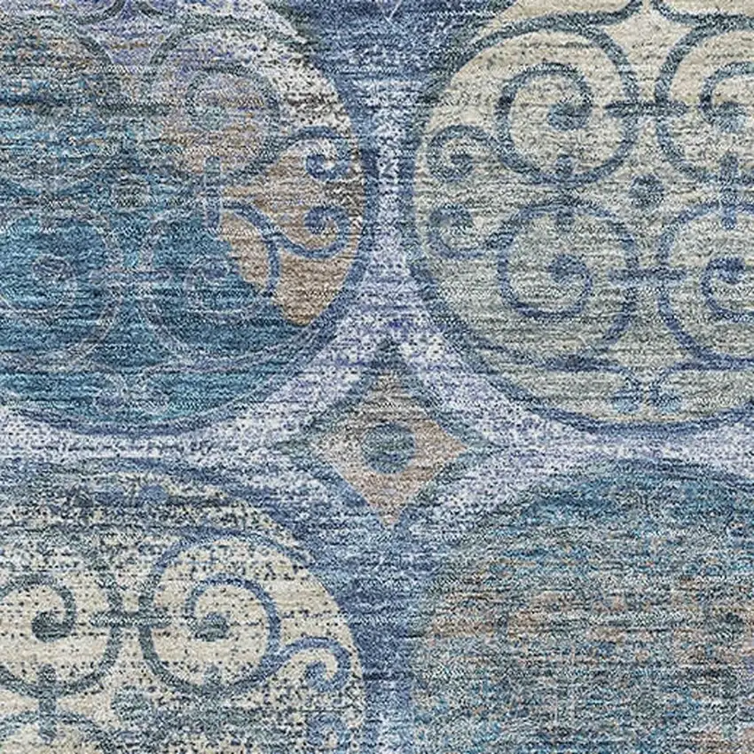 Blue Taupe And Gray Medallion Washable Area Rug With UV Protection Photo 3