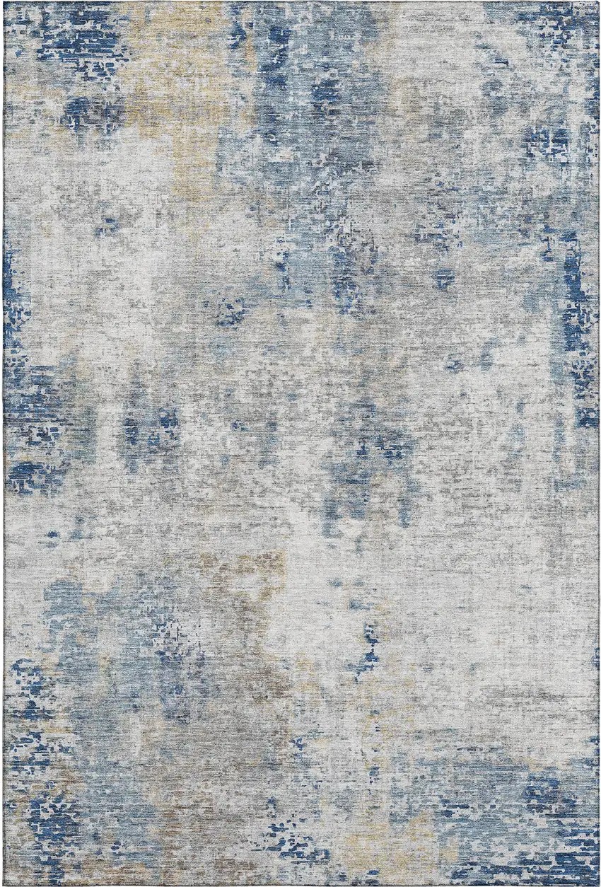 Blue Taupe And Ivory Abstract Washable Area Rug With UV Protection Photo 1