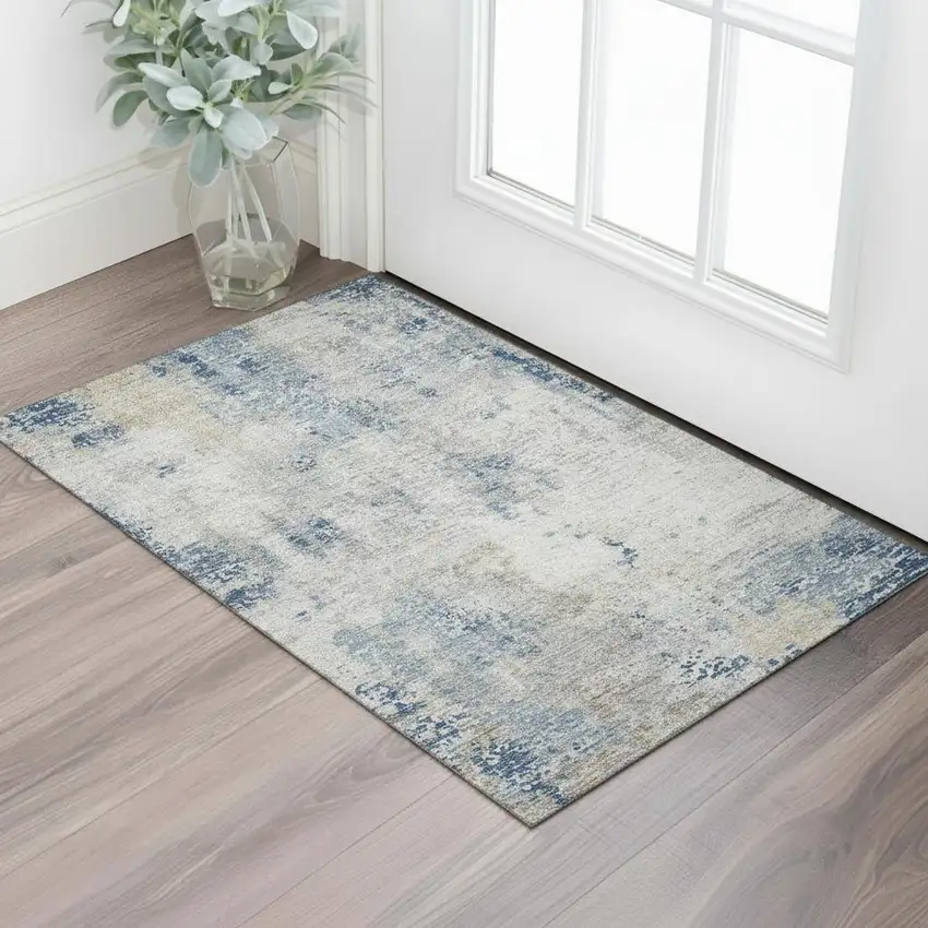 Blue Taupe And Ivory Abstract Washable Area Rug With UV Protection Photo 1