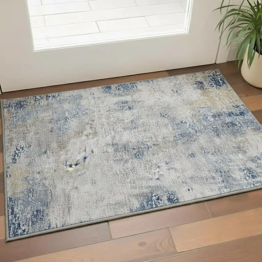 Blue Taupe And Ivory Abstract Washable Area Rug With UV Protection Photo 2