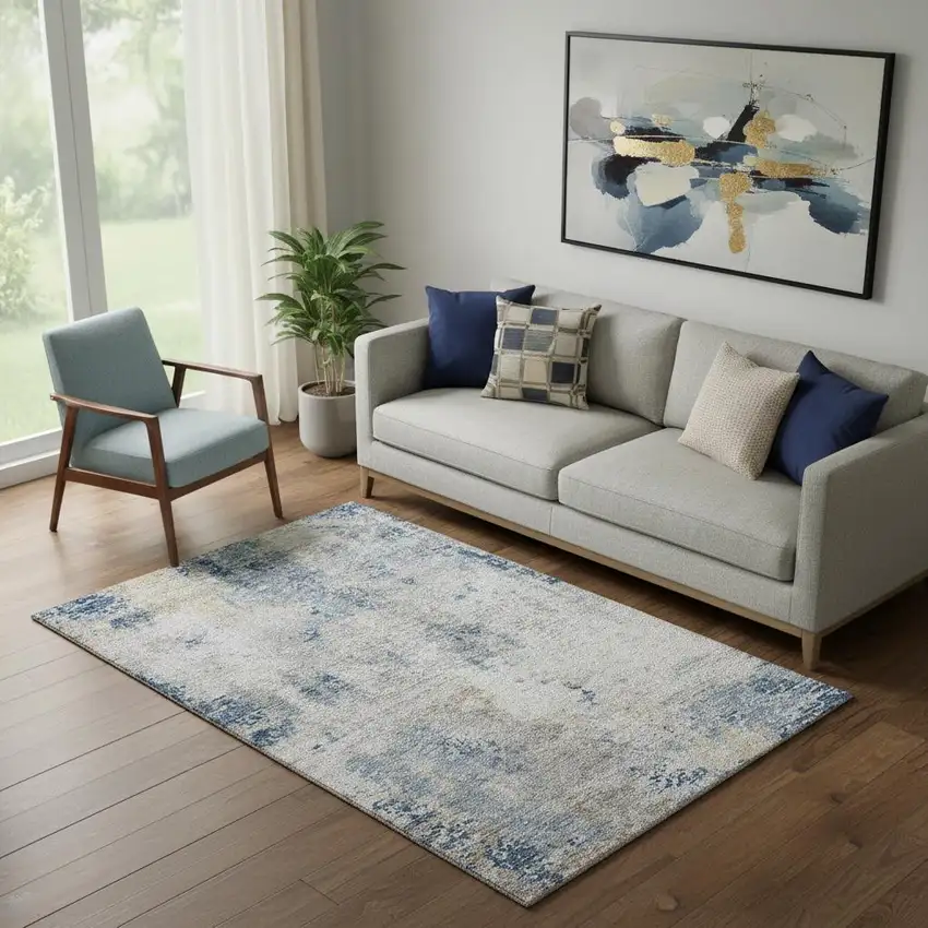 Blue Taupe And Ivory Abstract Washable Area Rug With UV Protection Photo 1
