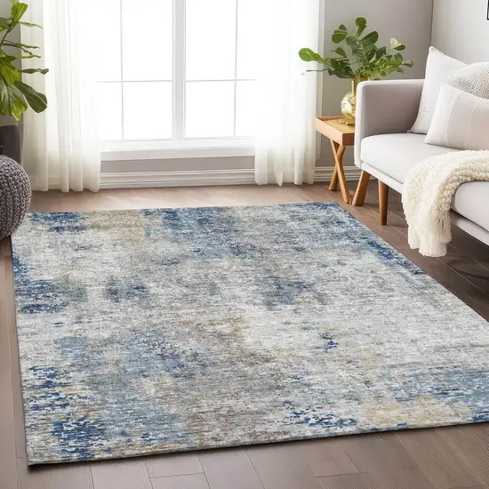 Blue Taupe And Ivory Abstract Washable Area Rug With UV Protection Photo 6