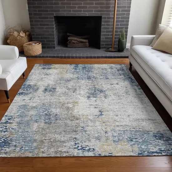 Blue Taupe And Ivory Abstract Washable Area Rug With UV Protection Photo 5