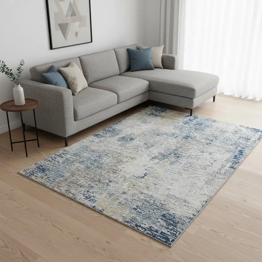 Blue Taupe And Ivory Abstract Washable Area Rug With UV Protection Photo 2