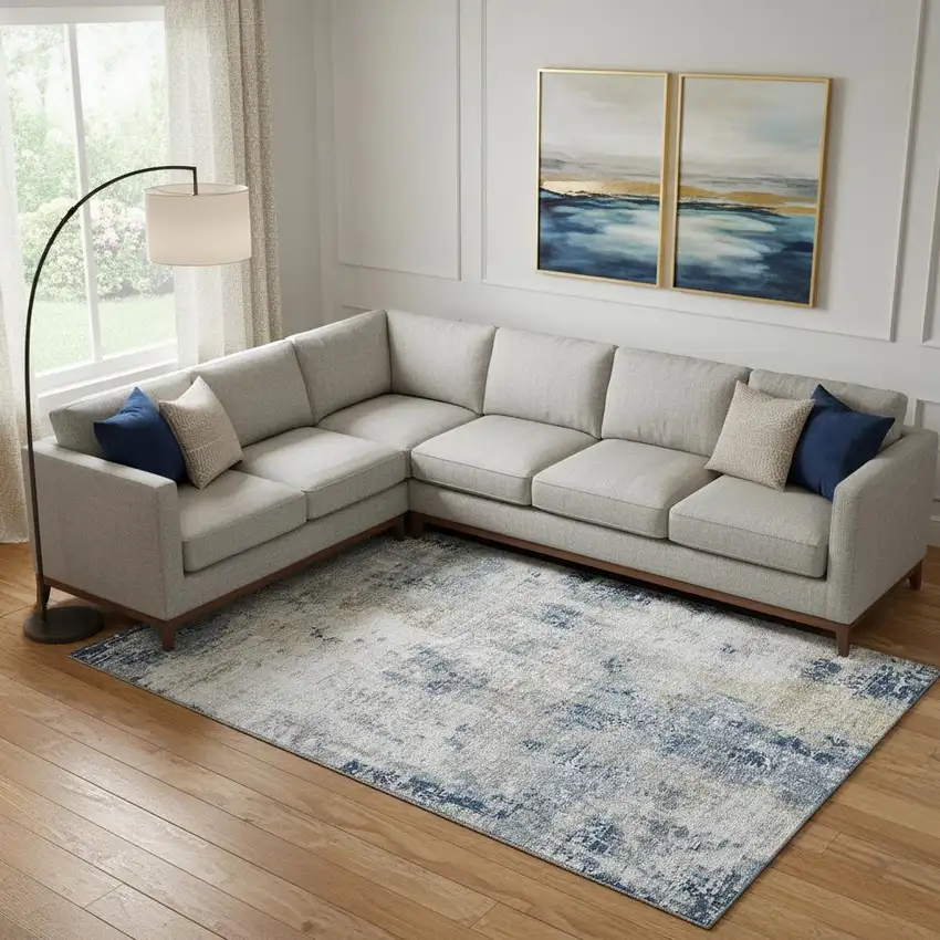 Blue Taupe And Ivory Abstract Washable Area Rug With UV Protection Photo 1