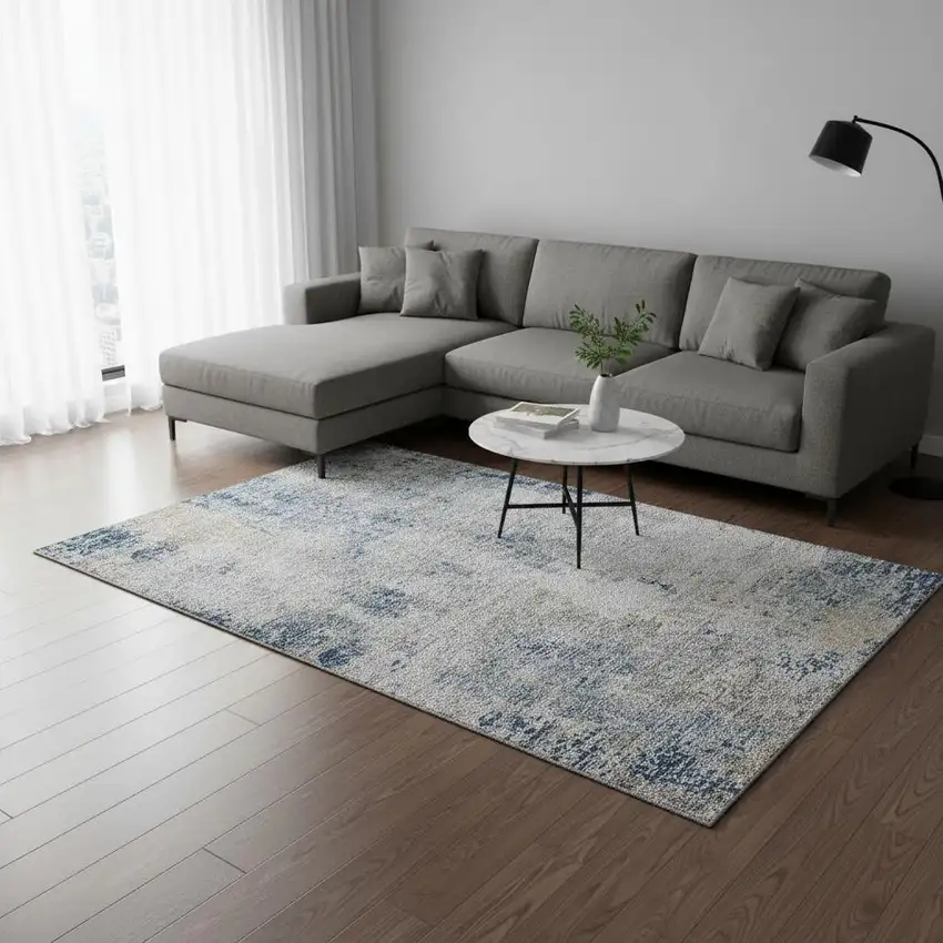 Blue Taupe And Ivory Abstract Washable Area Rug With UV Protection Photo 2