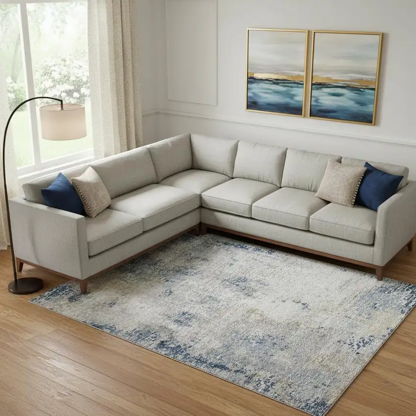 Blue Taupe And Ivory Abstract Washable Area Rug With UV Protection Photo 1