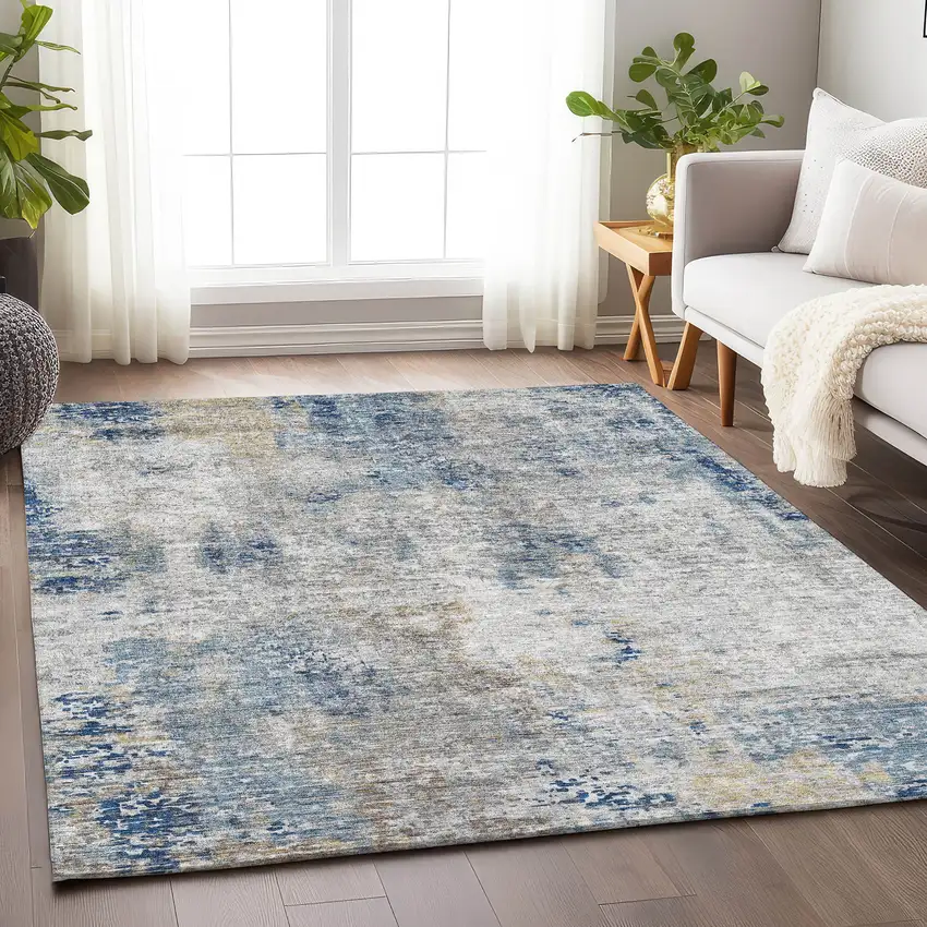 Blue Taupe And Ivory Abstract Washable Area Rug With UV Protection Photo 6