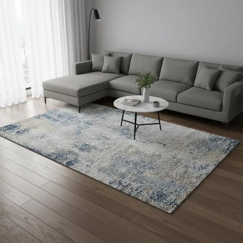 Blue Taupe And Ivory Abstract Washable Area Rug With UV Protection Photo 2