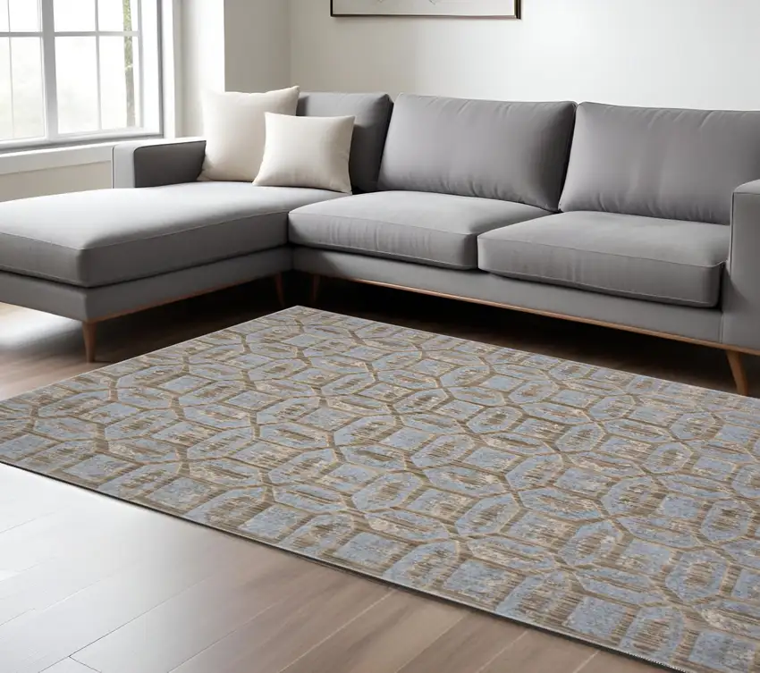 Blue and Ivory Floral Distressed Non Skid Area Rug Photo 1