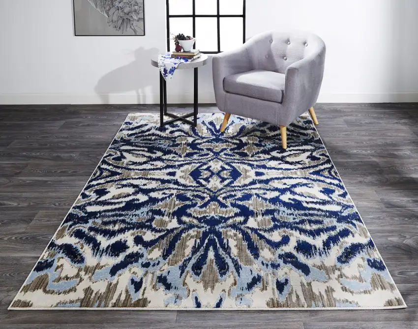Blue Taupe And Ivory Ikat Distressed Area Rug Photo 3