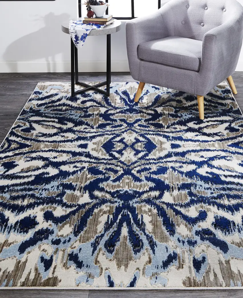 Blue Taupe And Ivory Ikat Distressed Area Rug Photo 5