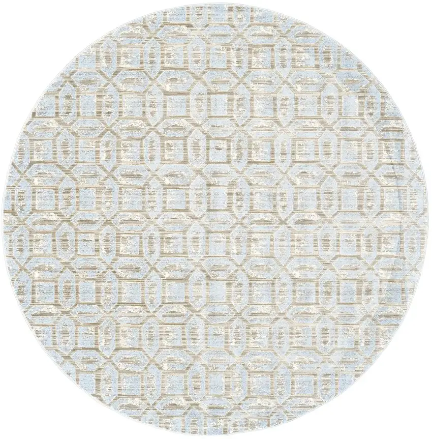 Blue Taupe And Ivory Round Floral Distressed Stain Resistant Area Rug Photo 1