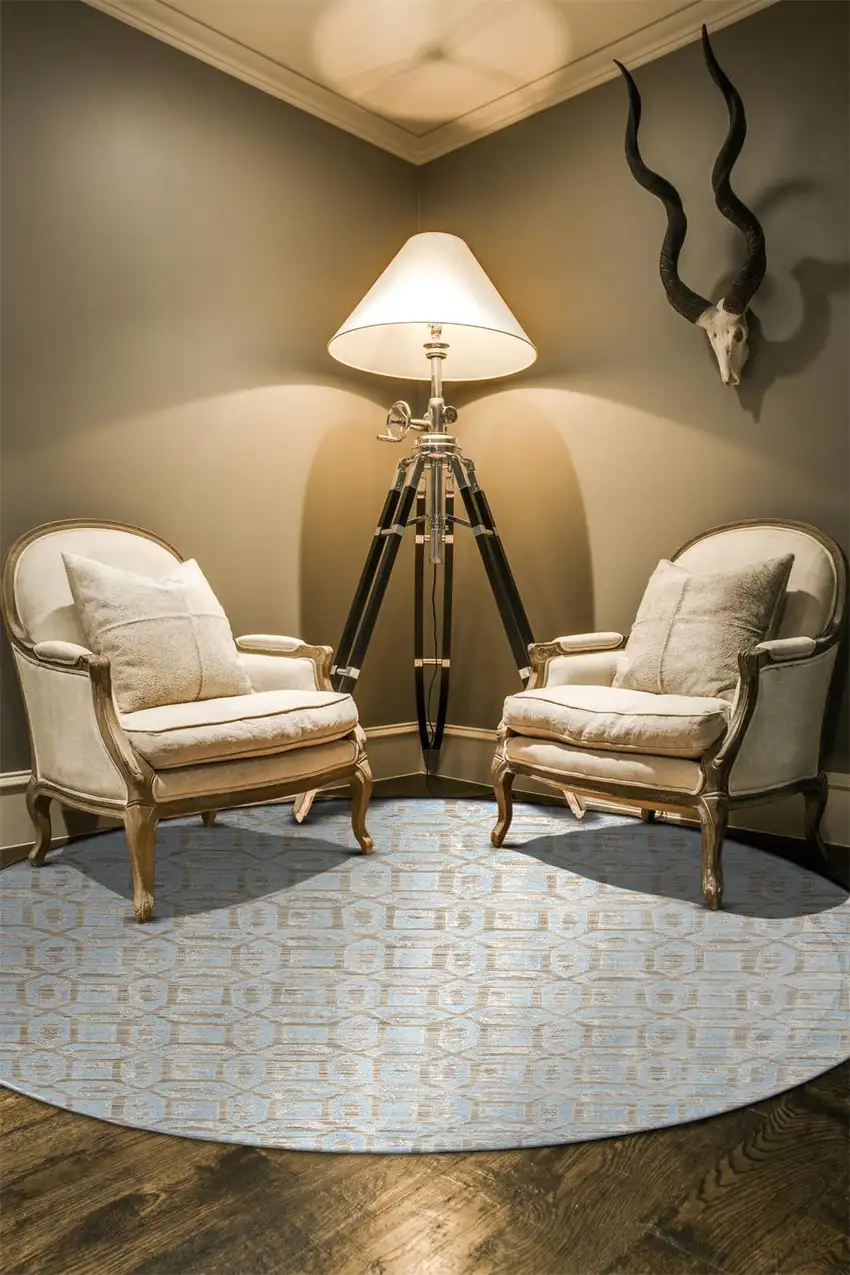 Blue Taupe And Ivory Round Floral Distressed Stain Resistant Area Rug Photo 6