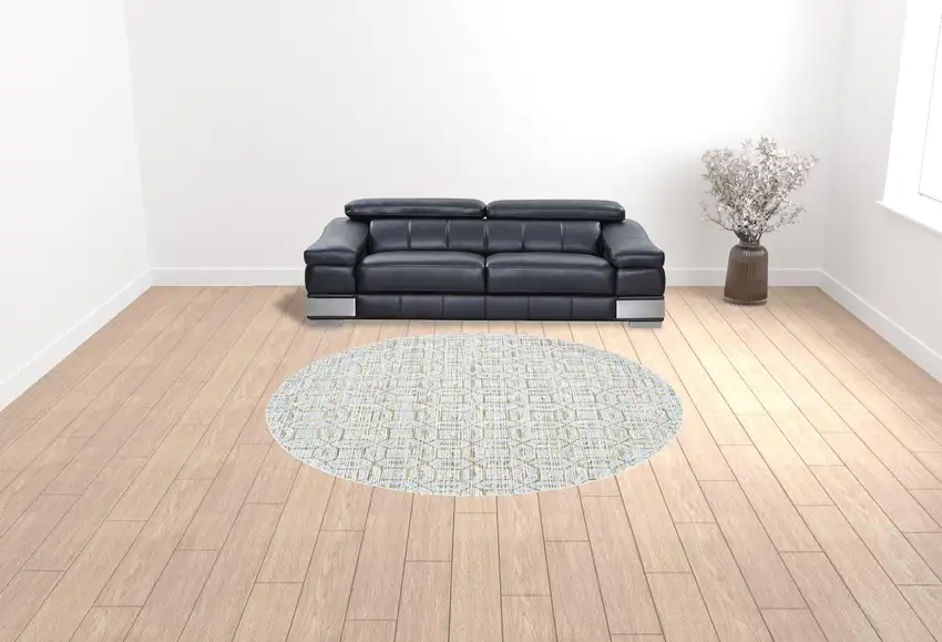 Blue Taupe And Ivory Round Floral Distressed Stain Resistant Area Rug Photo 2