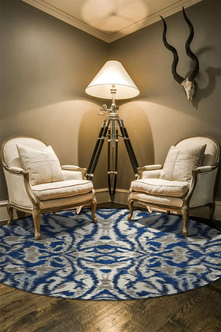 Blue Taupe And Ivory Round Ikat Distressed Stain Resistant Area Rug Photo 2