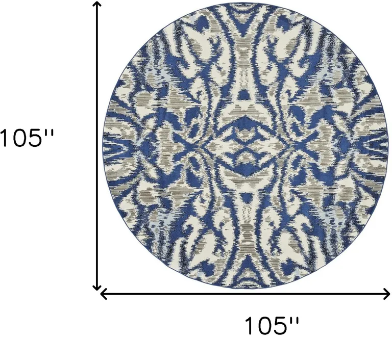 Blue Taupe And Ivory Round Ikat Distressed Stain Resistant Area Rug Photo 4