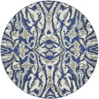 Photo of Blue Taupe And Ivory Round Ikat Distressed Stain Resistant Area Rug