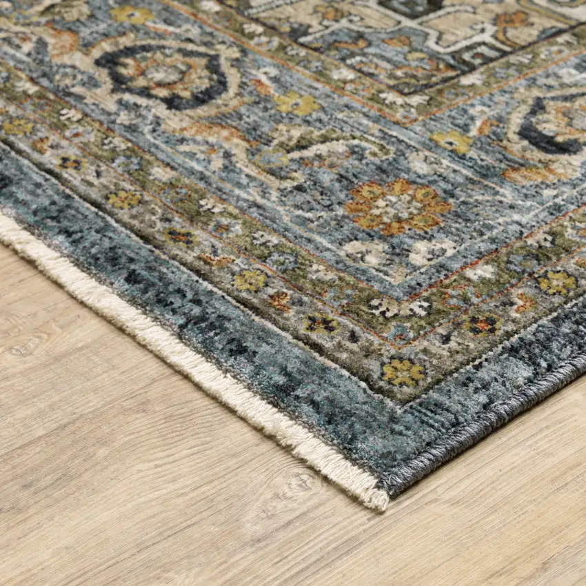 Blue Taupe Grey Green Rust Tan Beige And Gold Oriental Power Loom Stain Resistant Area Rug With Fringe Photo 7