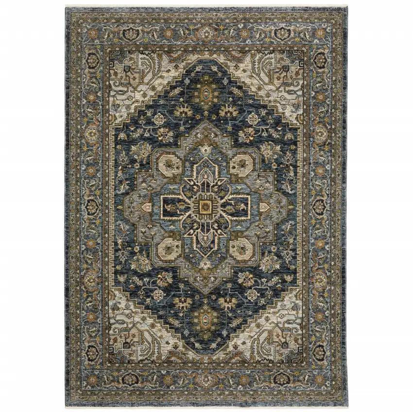 Blue Taupe Grey Green Rust Tan Beige And Gold Oriental Power Loom Stain Resistant Area Rug With Fringe Photo 2