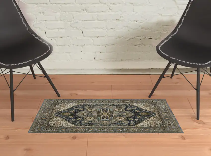 Blue Taupe Grey Green Rust Tan Beige And Gold Oriental Power Loom Stain Resistant Area Rug With Fringe Photo 3
