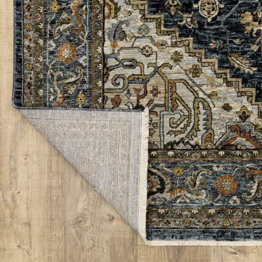 Blue Taupe Grey Green Rust Tan Beige And Gold Oriental Power Loom Stain Resistant Area Rug With Fringe Photo 9
