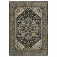 Photo of Blue Taupe Grey Green Rust Tan Beige And Gold Oriental Power Loom Stain Resistant Area Rug With Fringe